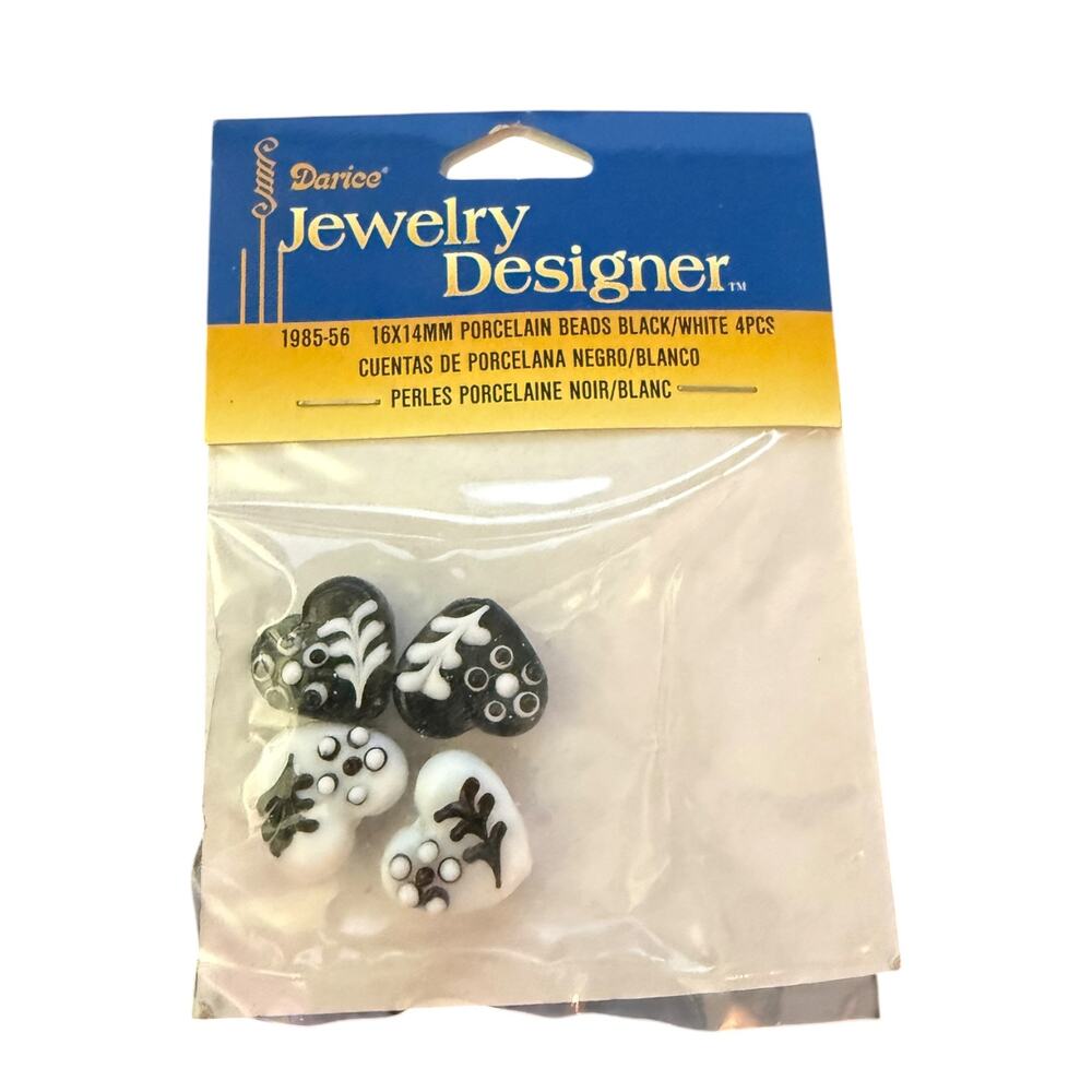Darice Jewelry Designer Black White Porcelain Heart Shaped Beads 4 Count